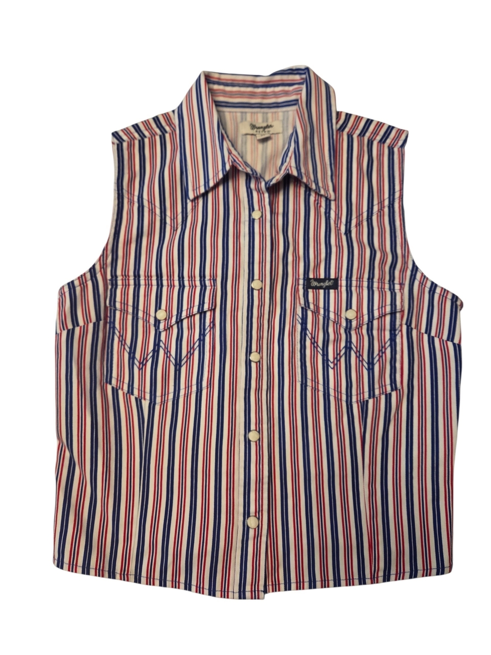 Wrangler Womens Red & Blue Striped Sleeveless Button-Up Shirt